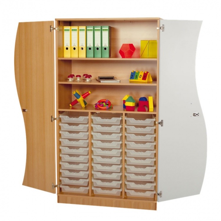 Conen Hochschrank mit Wellentüren, 30 flache Ergotray Boxen & 2 Einlegeböden Hochschrank mit Wellentüren, 30 flache Ergotray Boxen & 2 Einlegeböden  (Zoom)