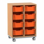 Flexeo Regal PRO, Stahlrahmen, 2 Reihen, 8 Boxen Buche dunkel mit Boxen orange (Zoom)
