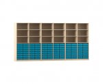 Flexeo Systemschrankwand Altair, 96 kleine Boxen, 18 Fächer Ahorn honig, blau  (Zoom)